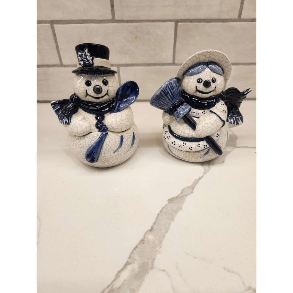 Dedham Pottery The Potting Shed Blue & White Snowman Creamer And Sugar Set READ